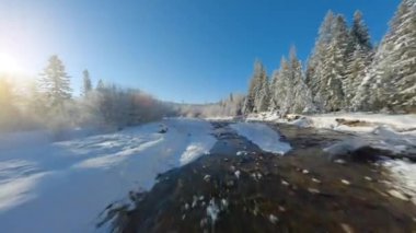 Fast flight along a mountain river surrounded by a snow-covered forest. Fairy winter mountain landscape on a frosty sunny day. Tatra Mountains, Zakopane, Poland. Filmed on FPV Drone