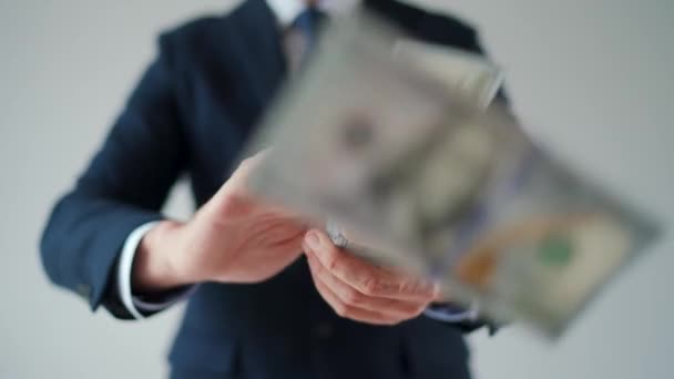 Formally Dressed Man Makes Money Rain Dollar Bills Slow Motion — Vídeo de Stock