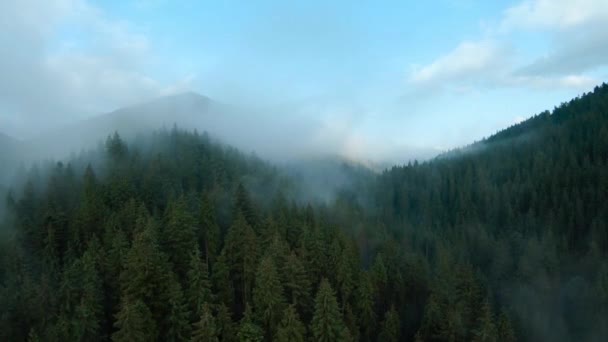 Luftaufnahme Einer Wunderschönen Berglandschaft Mit Straße Nebel Steigt Auf Über — Stockvideo