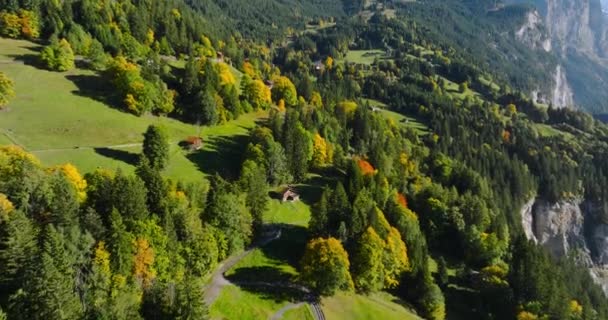 Luftaufnahme Der Schönen Schweizer Natur Lauterbrunnental Der Schweiz Sonnenuntergang Den — Stockvideo