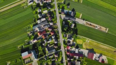 Aerial view of decorative ornaments of diverse green fields and houses arranged in a line along the road. Picturesque landscape, agriculture. Suloszowa, Poland