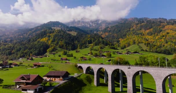 Aerial View Beautiful Swiss Nature Railroad Bridge Village Switzerland Famous — Stock videók