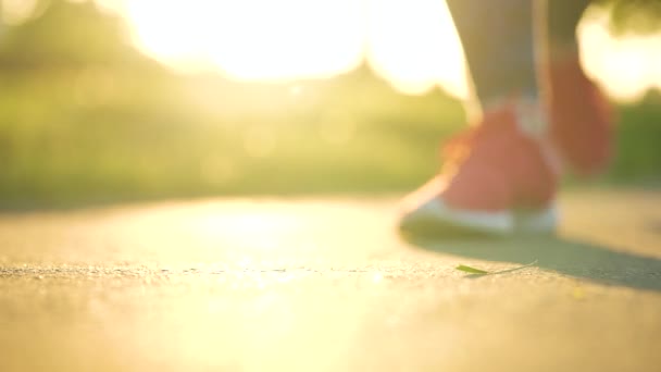 Woman Tying Shoelaces While Jogging Walking Sunset Close — Stock Video
