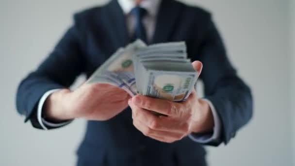 Formally Dressed Man Makes Money Rain Dollar Bills Concept Investment — Stockvideo