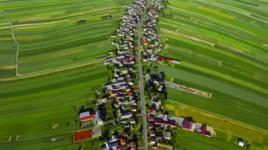 Aerial view of decorative ornaments of diverse green fields and houses arranged in a line along the road. Picturesque landscape, agriculture. Suloszowa, Poland