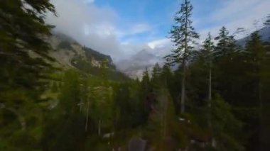 FPV fast maneuverable flight between the trees on the lake Oeschinensee in Swiss Alps on a cloudy autumn day. Kandersteg, Switzerland.