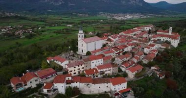Slovenya 'daki eski kentin hava manzarası. Kırmızı çatılı eski binalar