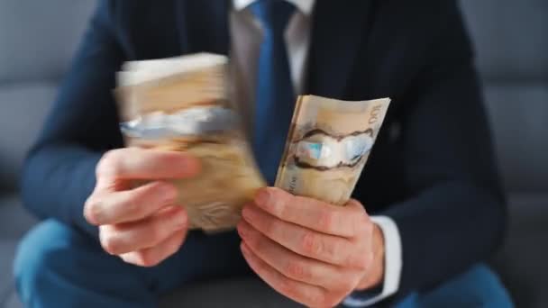Bărbat Îmbrăcat Formal Numărând Bancnotele Dolari Canadieni Aproape Conceptul Investiții — Videoclip de stoc