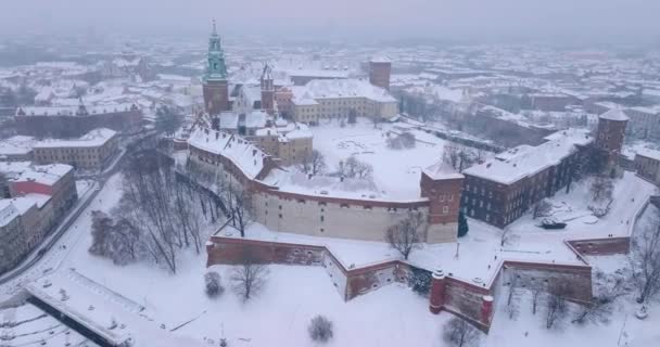Aerial View Wawel Royal Castle Cathedral Covered Snow Winter Gloomy — Wideo stockowe