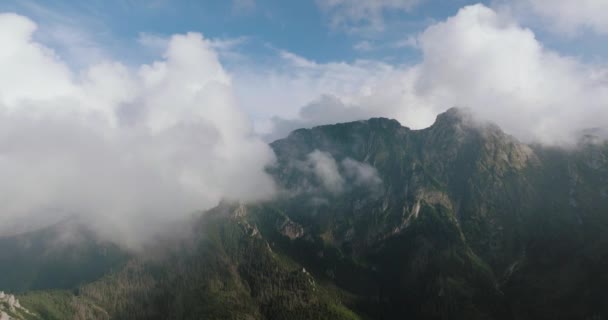 Luftaufnahme Der Schönen Berglandschaft Sommer Bewölkter Himmel Wald Und Felsen — Stockvideo