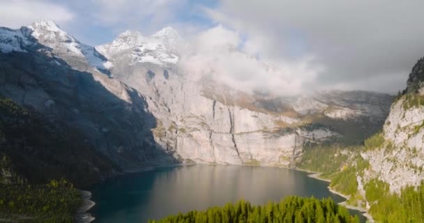 Aerial View Lake Oeschinensee Bluemlisalp Mountain Autumn Day Swiss Alps — Stock Video