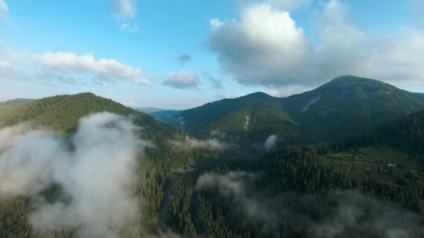 Luchtfoto Van Het Prachtige Berglandschap Mist Stijgt Berghellingen Bedekt Met — Stockvideo