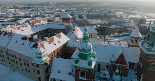 Aerial View Wawel Royal Castle Cathedral Covered Snow Winter Sunny — Wideo stockowe