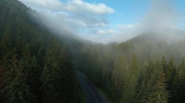 FPV Aerial view of beautiful mountain landscape with road. Fog rises over the mountain slopes covered with coniferous forest at sunrise. Ukraine, Carpathian Mountains, Bukovel
