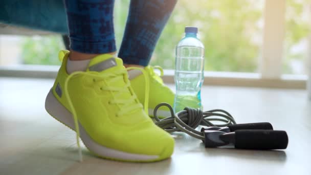 Woman Tying Shoelaces Sneakers Going Training Jogging Close — Stock Video