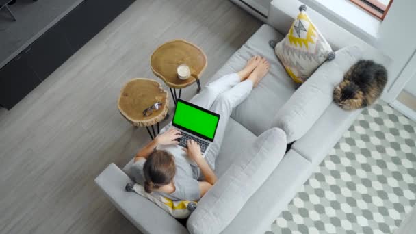 Overhead Shot Woman Using Laptop Green Mock Screen Lying Couch — Vídeo de Stock