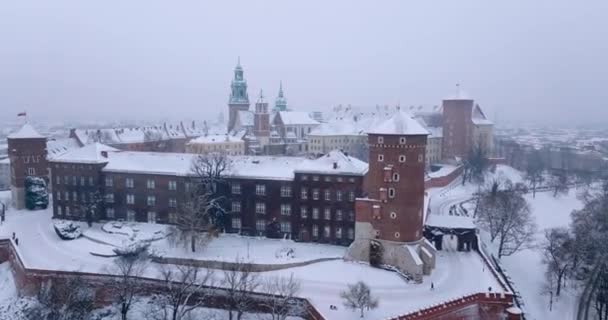 Aerial View Wawel Royal Castle Cathedral Covered Snow Winter Gloomy — Video Stock