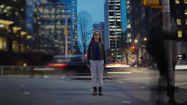 Time Lapse Woman Standing Still Crowded Evening Street While Blur — Video