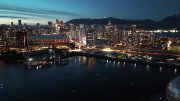 Aerial Hyperlapse Night Cityline Skyscrapers Downtown Vancouver British Columbia Canada — стокове відео