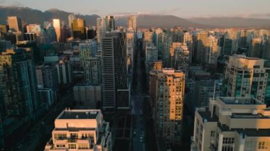 Aerial view of the skyscrapers at sunset. Downtown of Vancouver, British Columbia, Canada.