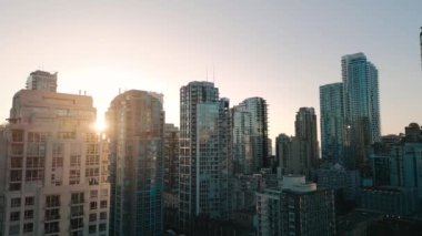 Aerial view of the skyscrapers at sunset. Downtown of Vancouver, British Columbia, Canada.