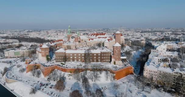 Aerial View Wawel Royal Castle Cathedral Covered Snow Winter Sunny — Video Stock