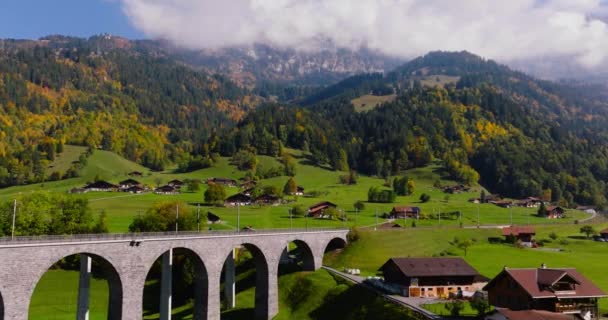 Letecký Pohled Krásnou Švýcarskou Přírodu Železničním Mostem Obcí Švýcarsku Slavná — Stock video