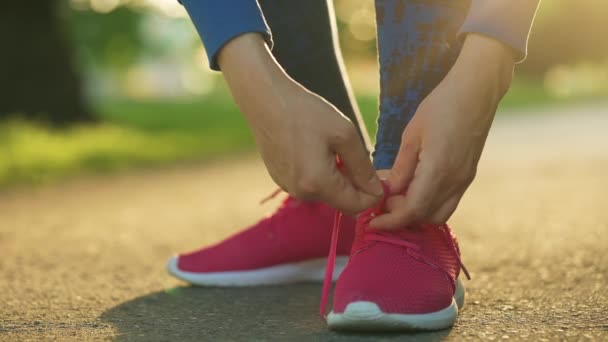 Mujer Atando Cordones Zapatos Mientras Trota Camina Atardecer Cerca Movimiento — Vídeos de Stock