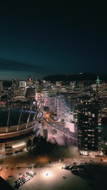 Vertical Video Aerial View Night City Line Downtown Vancouver British — 비디오
