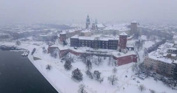 Aerial View Wawel Royal Castle Cathedral Covered Snow Winter Gloomy — Stockvideo