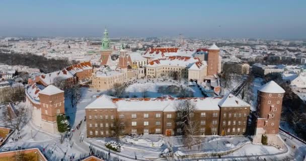 Aerial View Wawel Royal Castle Cathedral Covered Snow Winter Sunny — 비디오