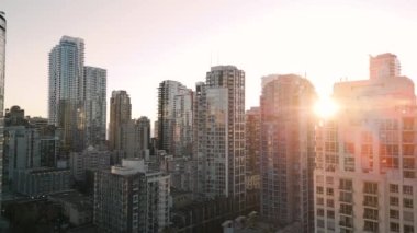 Aerial view of the skyscrapers at sunset. Downtown of Vancouver, British Columbia, Canada.