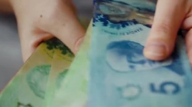 Female hands counting Canadian Dollar bills, close-up. Concept of investment, success, financial prospects or career advancement.