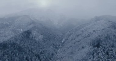 Flight over a fabulous snow-covered mountain landscape. Fairy winter landscape on a frosty gloomy day. Tatra Mountains, Zakopane, Poland