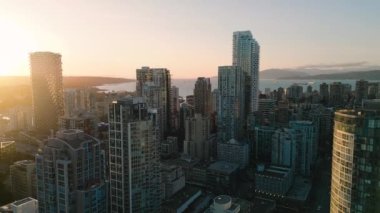 Aerial view of the skyscrapers at sunset. Downtown of Vancouver, British Columbia, Canada.