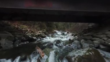 Büyük taşların arasında akan ve kıyılarda ağaçlarla çevrili bir dağ nehrinin üzerinden hızlı bir uçuş. Chilliwack, British Columbia, Kanada. POV FPV insansız hava aracı ile filme alındı.