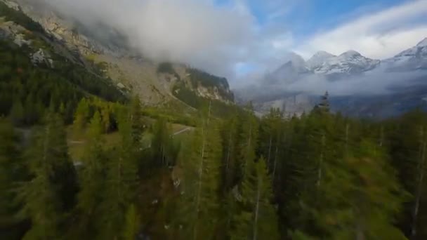Fpv Fast Maneuverable Flight Trees Lake Oeschinensee Swiss Alps Cloudy — Stock video