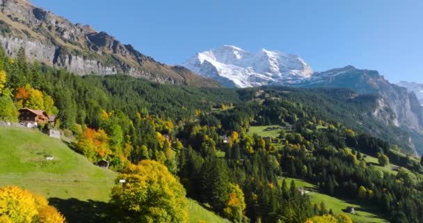 Flygfoto Över Den Vackra Schweiziska Naturen Lauterbrunnen Dalen Schweiz Solnedgång — Stockvideo