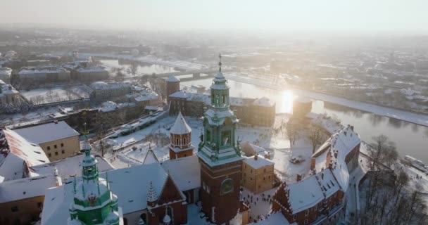 Aerial View Wawel Royal Castle Covered Snow Vistula River Winter — Wideo stockowe