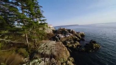 Lighthouse Park West Vancouver, British Columbia, Kanada 'da kıyı şeridi boyunca manevra yapabilen hızlı uçuş. FPV insansız hava aracı tarafından filme alındı.