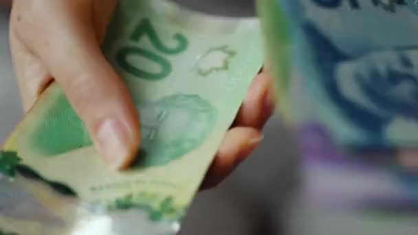 カナダドル紙幣を数える女性の手 クローズアップ 財務見通し キャリアアップの概念 — ストック動画