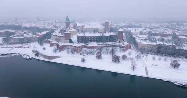 Вид Воздуха Вавельский Королевский Замок Собор Покрытый Снегом Зимой Мрачный — стоковое видео