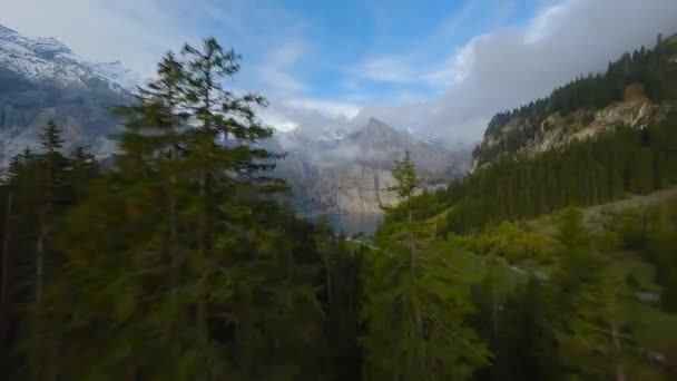 Fpv Fast Maneuverable Flight Trees Lake Oeschinensee Swiss Alps Cloudy — Wideo stockowe