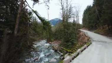 Büyük taşların arasında akan ve kıyılarda ağaçlarla çevrili bir dağ nehrinin üzerinden hızlı bir uçuş. Chilliwack, British Columbia, Kanada. POV FPV insansız hava aracı ile filme alındı.