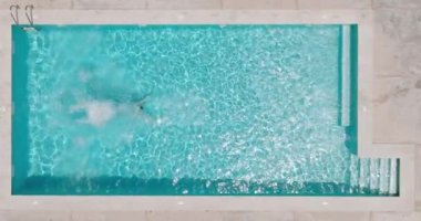 Top down view as a man dives into the pool and swims. Slow motion