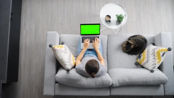 Overhead Shot Woman Using Laptop Green Mock Screen Sitting Couch — Stock Video