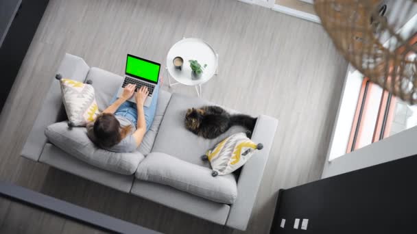Overhead Tiro Mulher Usando Laptop Com Tela Verde Mock Sentado — Vídeo de Stock
