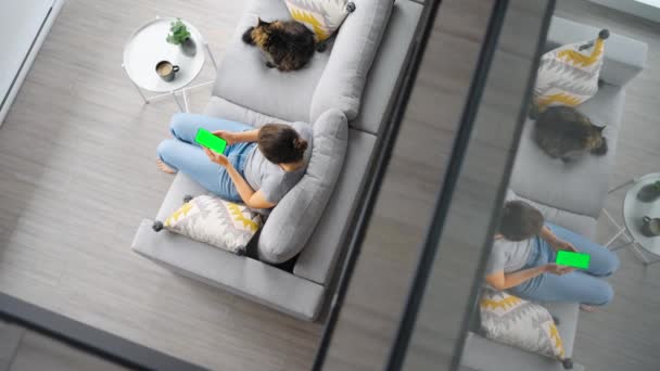 Overhead Shot Woman Using Smartphone Green Mock Screen Sitting Couch — Stock Video