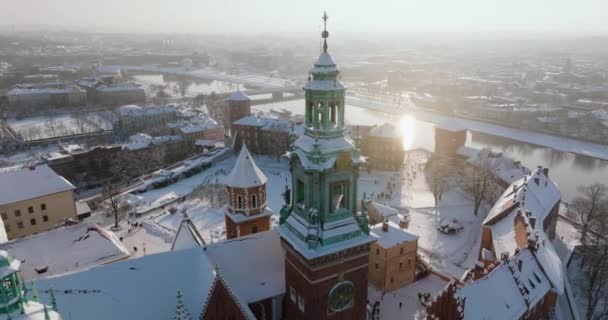 Aerial View Wawel Royal Castle Covered Snow Vistula River Winter — 图库视频影像