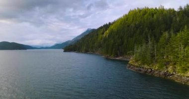 Harrison Gölü ve ormanının arka planında dağ sıraları olan panoramik hava manzarası. Vancouver, British Columbia, Kanada